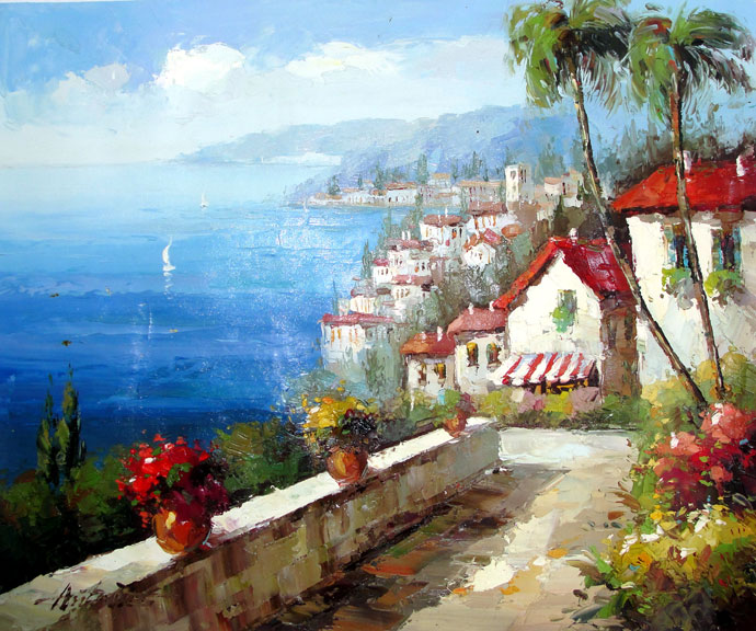 Village on the Sea 4 by Antonio - Original Oil Painting